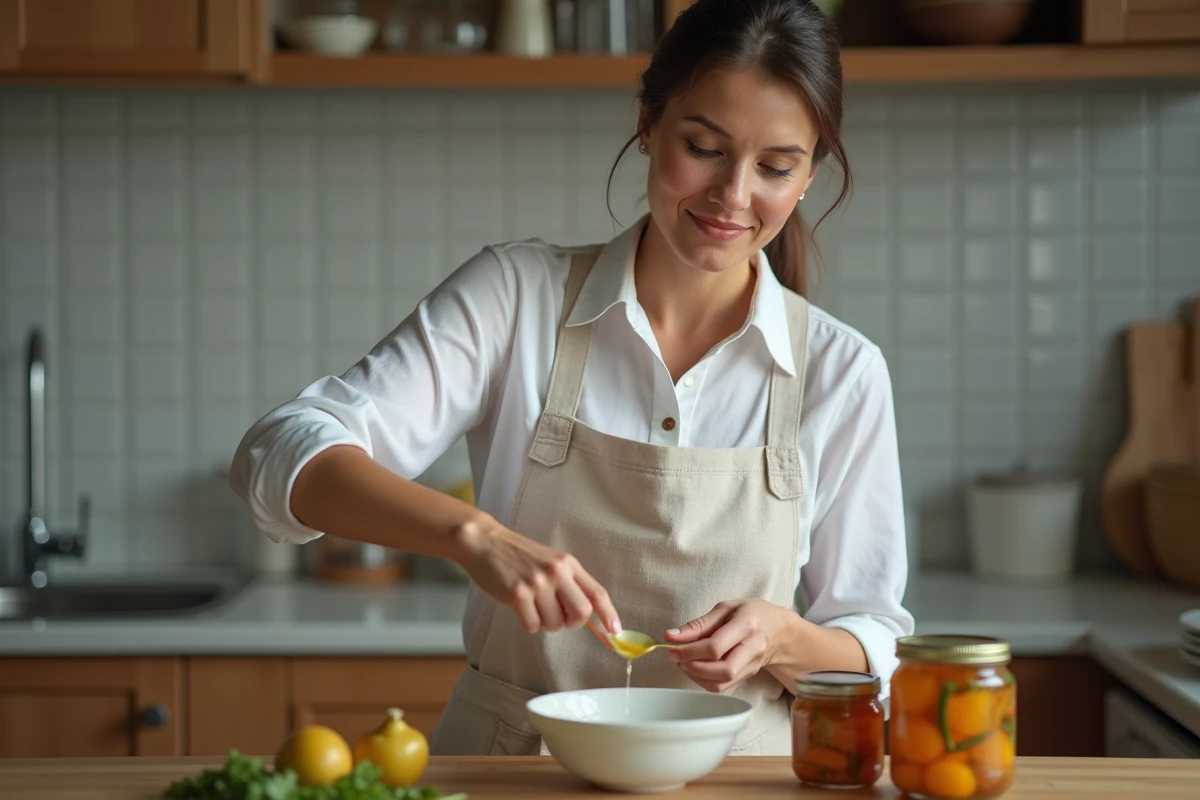 Femme versant de l'huile de paraffine dans un bol en cuisine