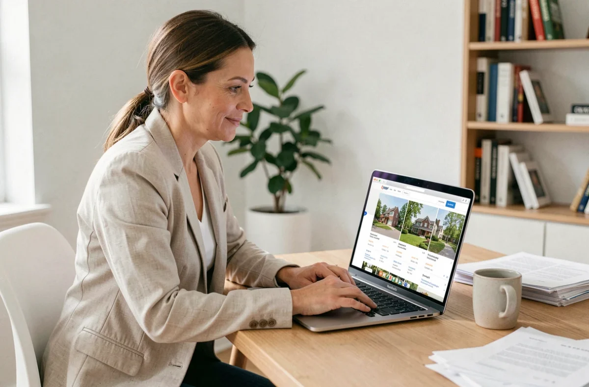 Femme consultant une agence immobilière en ligne sur son ordinateur portable dans un bureau à domicile moderne