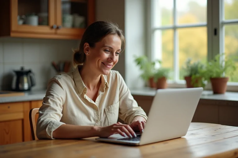 Femme cherchant des ressources pour la maison en ligne sur un ordinateur portable dans une cuisine chaleureuse