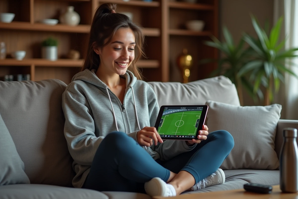 Jeune femme sportive suivant les dernières actualités sportives de la semaine sur une tablette depuis son salon
