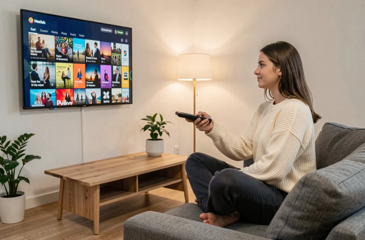 Jeune femme regardant une plateforme de streaming sur sa télévision dans un salon scandinave moderne