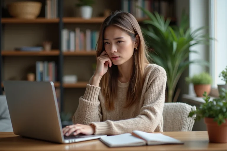 Jeune femme au beige travaillant à domicile