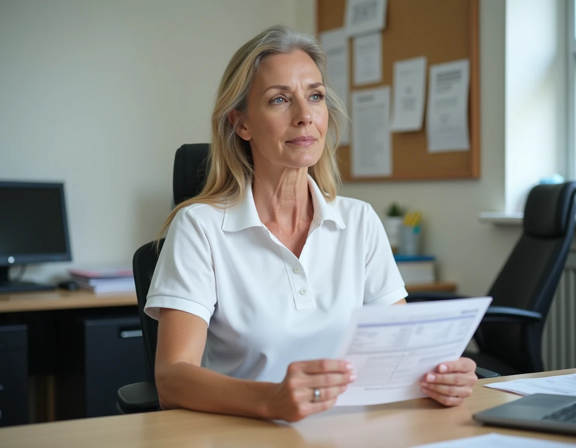 Femme consultant une fiche de paie dans un bureau d'ESAT, représentant le calcul du salaire net en établissement d'aide par le travail