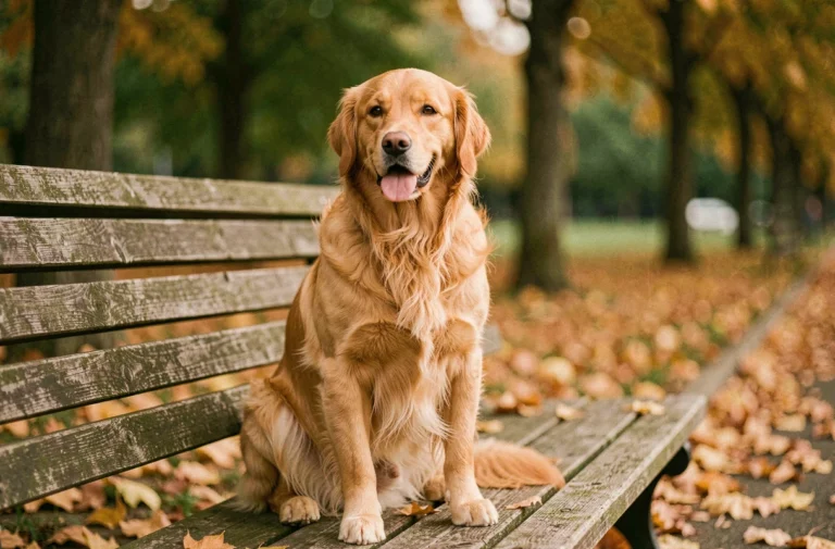 Golden retriever assis calmement sur un banc en bois dans un parc en automne, pelage détaillé et expression détendue