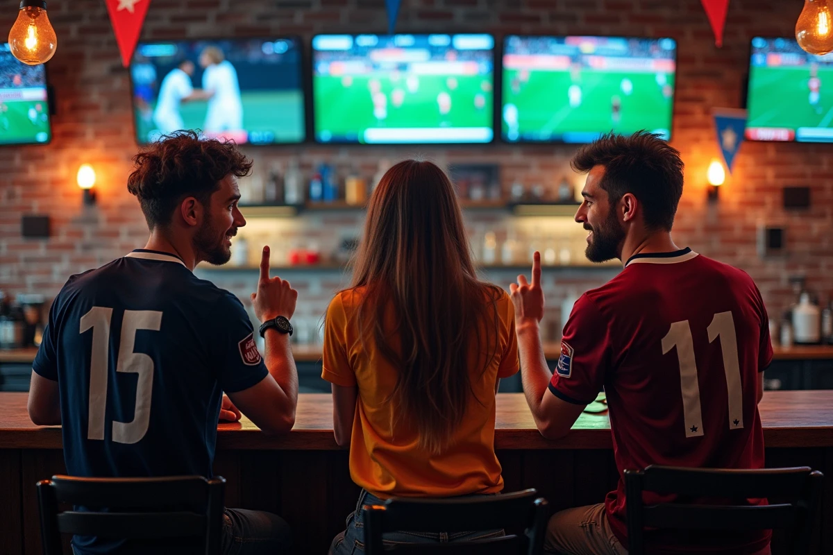 Groupe d'amis passionnés de sport discutant des actualités sportives de la semaine dans un bar sportif devant des écrans de diffusion