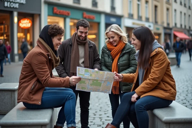 Groupe de jeunes et locaux autour d'une carte dans Rennes