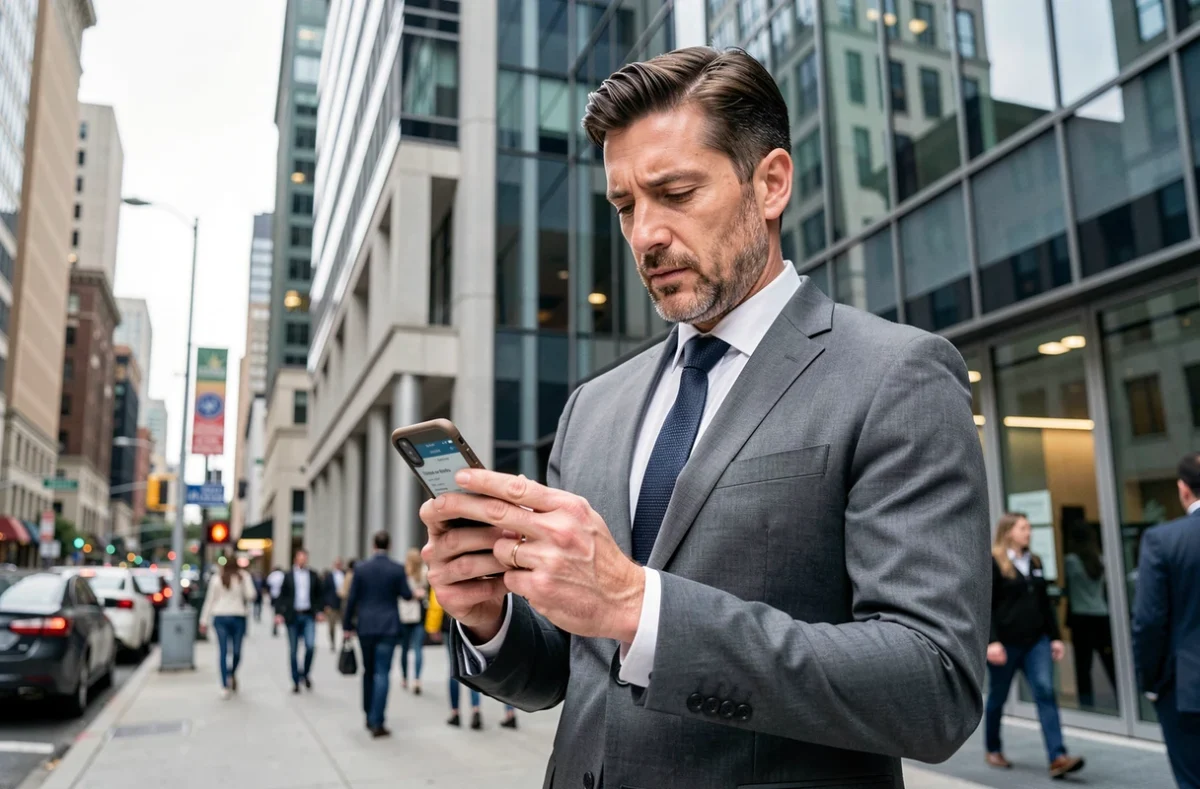 Homme d'affaires consultant les dernières actualités économiques sur son smartphone dans un quartier financier urbain