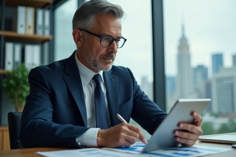 Homme d affaires en costume bleu examine des graphiques