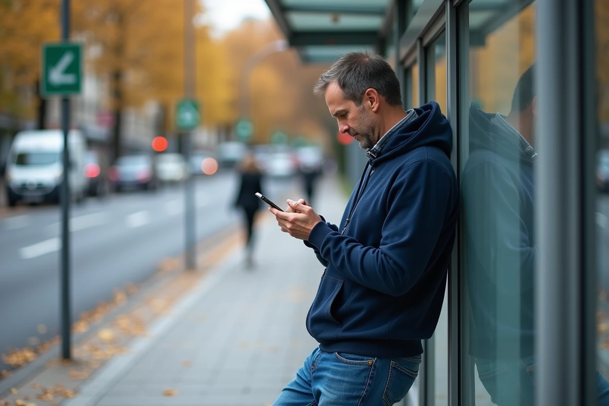 Homme au arrêt de bus en ville avec smartphone