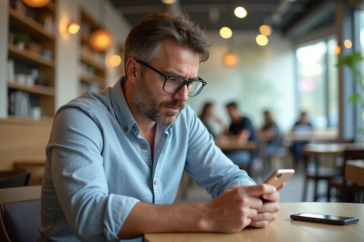 Homme d age moyen vérifiant une application au café