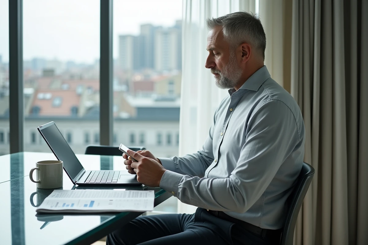 Homme lisant des graphiques financiers dans un appartement urbain
