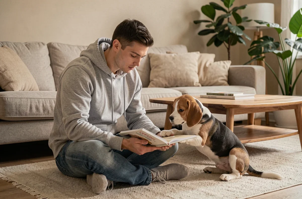 Jeune homme lisant un livre sur les soins des chiens avec son chiot beagle dans un salon cosy