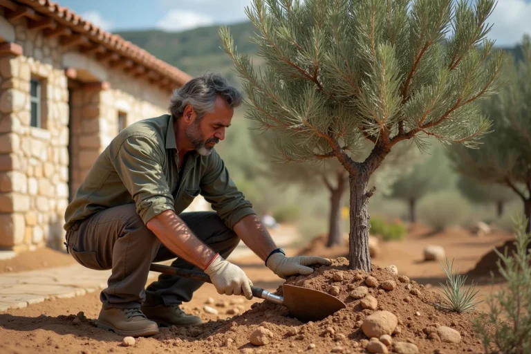 Homme en travail dans un jardin méditerranéen avec olivier