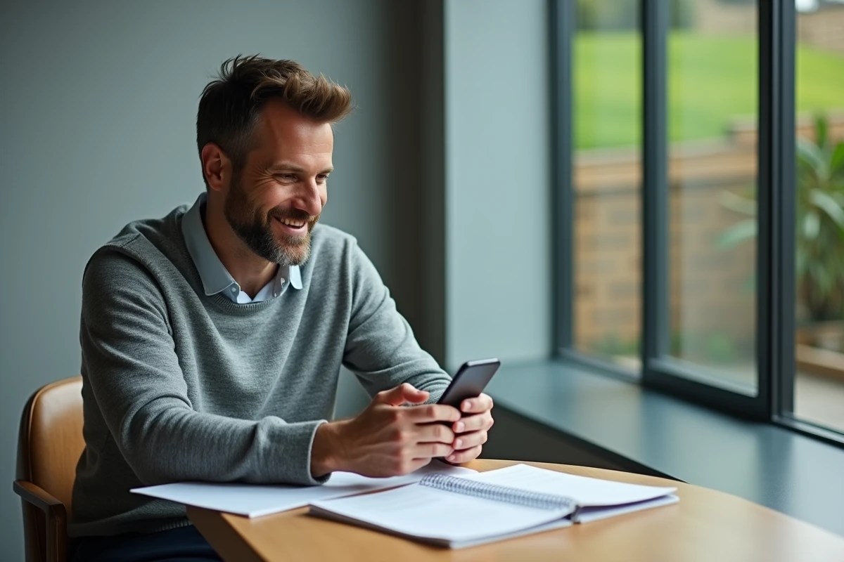 Homme souriant utilisant son smartphone dans un espace de travail