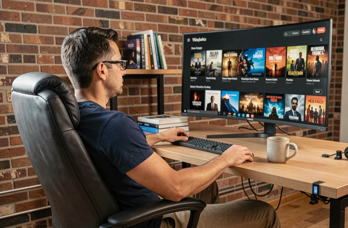 Homme consultant une plateforme de streaming vidéo sur un écran d'ordinateur dans un bureau à domicile