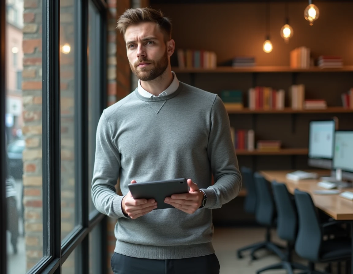 Homme consultant une plateforme d'emploi sur tablette dans un espace de coworking urbain