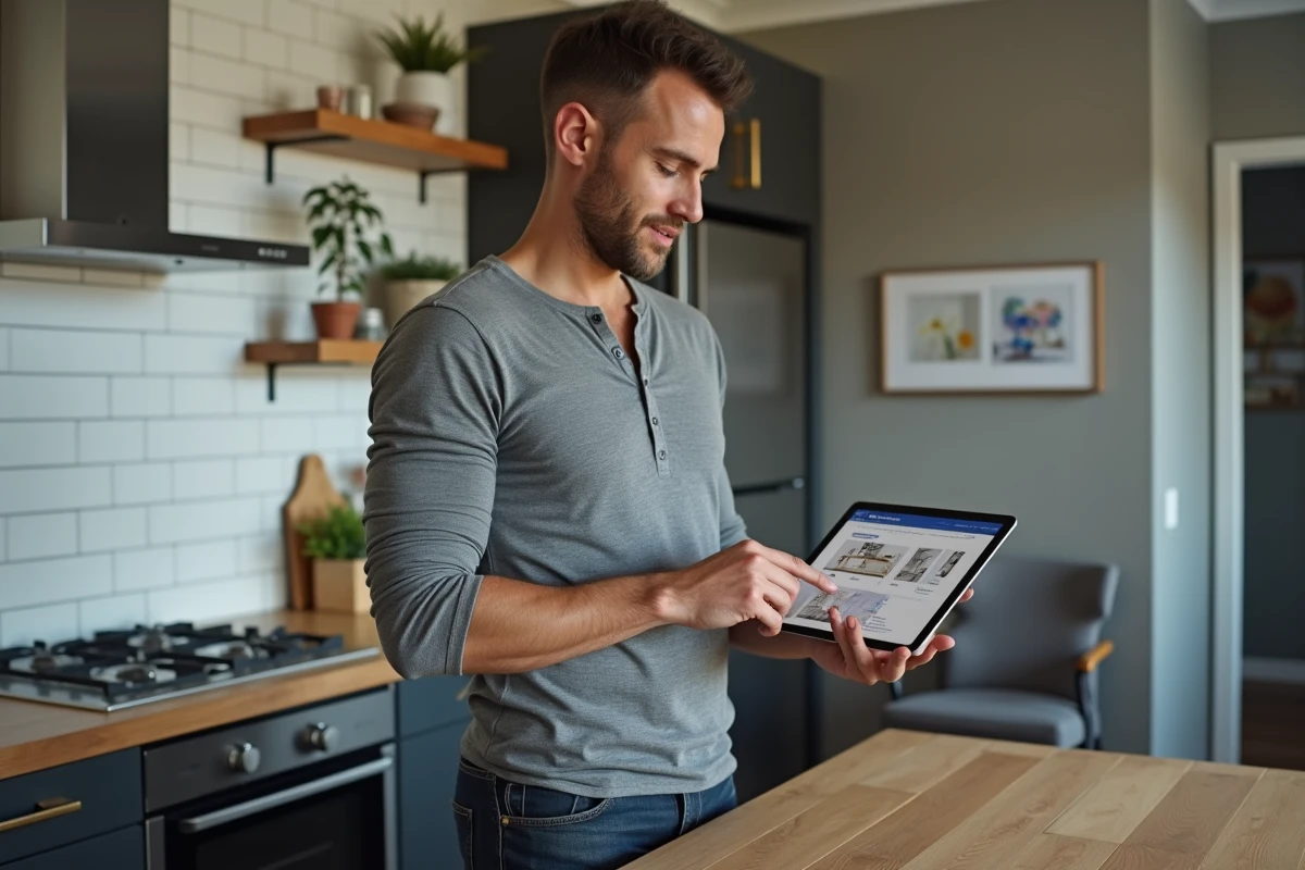 Homme consultant des ressources maison sur une tablette dans une cuisine moderne
