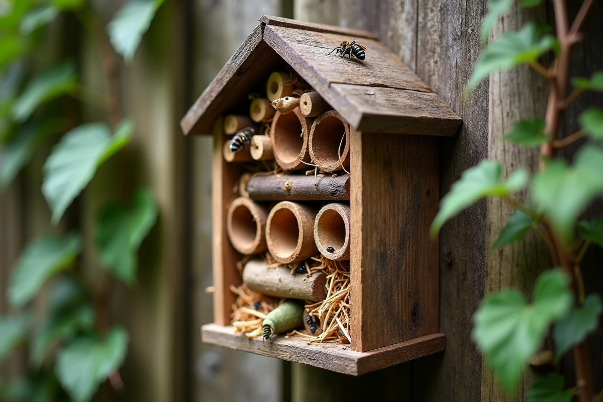 Hôtel à insectes décoratif en bois recyclé fixé sur une clôture de jardin avec compartiments en bambou et pommes de pin