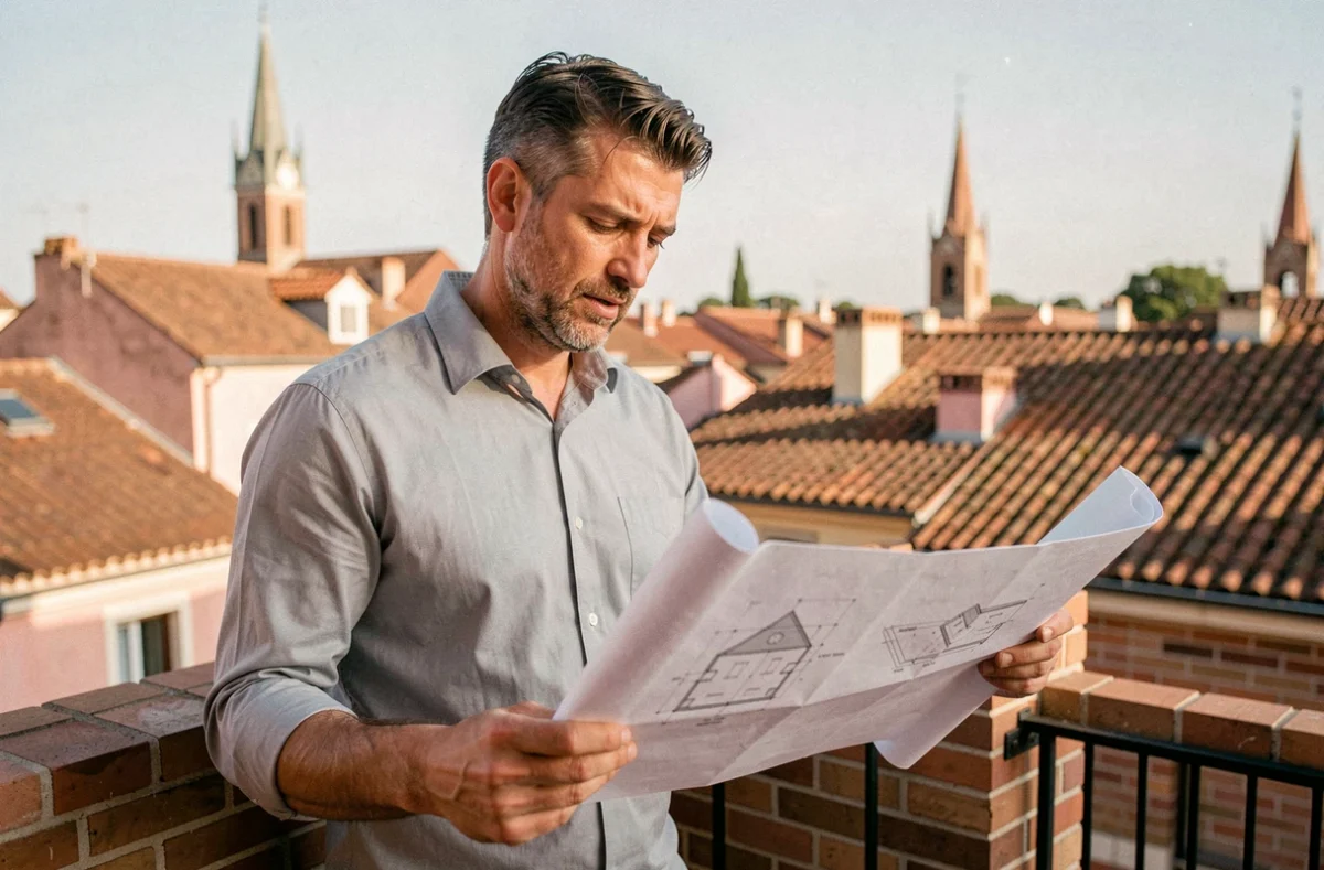 Homme inspectant des plans architecturaux sur une terrasse avec vue sur les toits de Toulouse