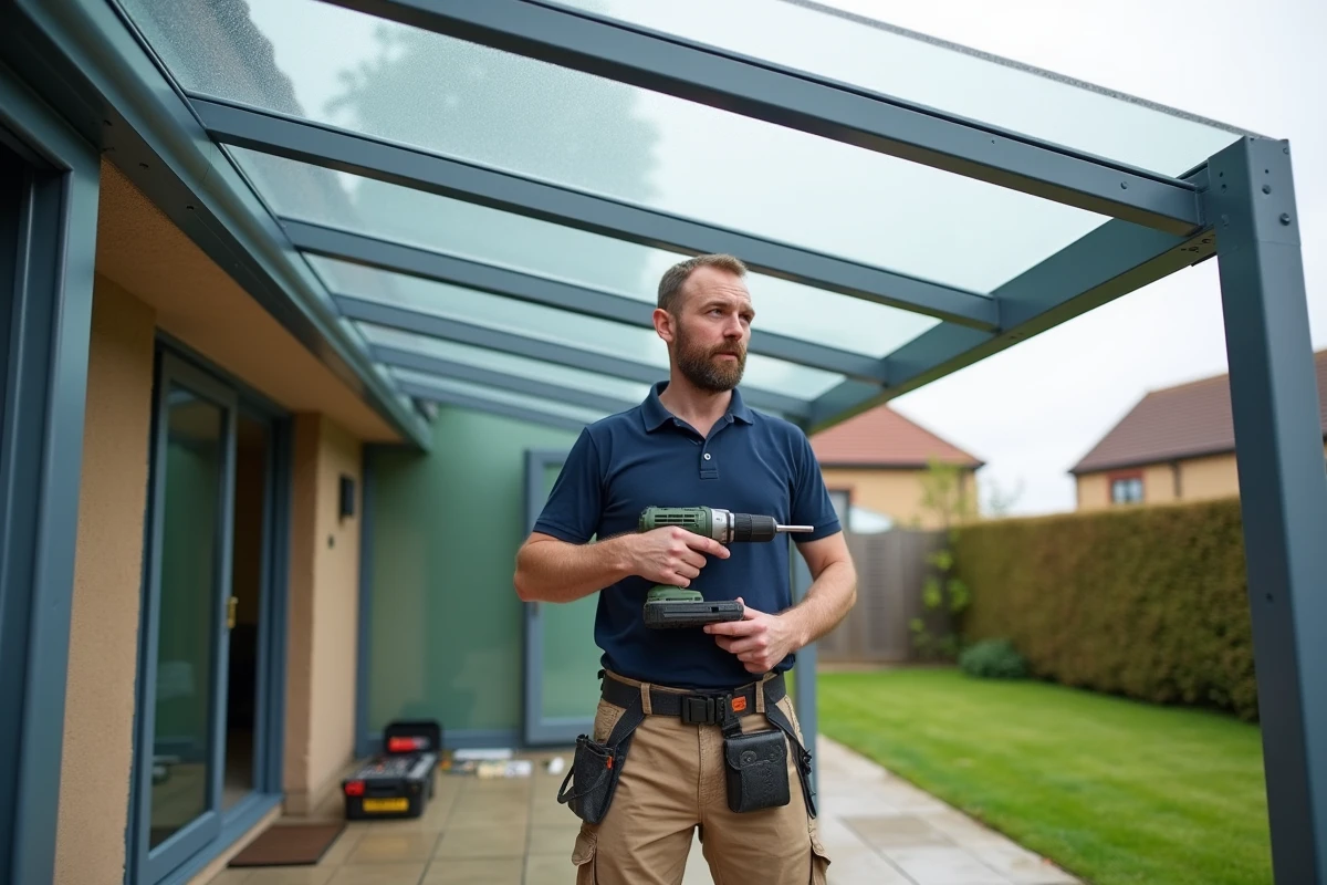 Homme installant le toit en polycarbonate d'une véranda en kit aluminium sur une terrasse en béton