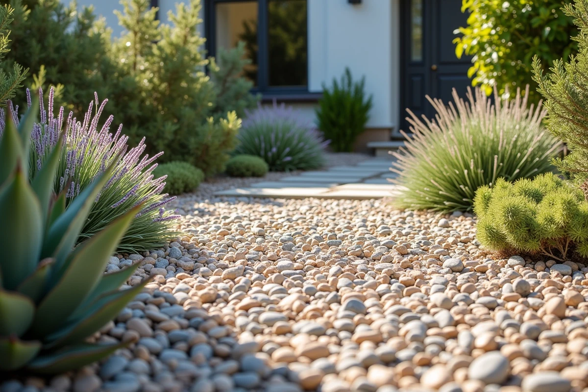Jardin sec avec paillage minéral en galets beiges et gris et plantes xérophiles comme agave, lavande et sedum
