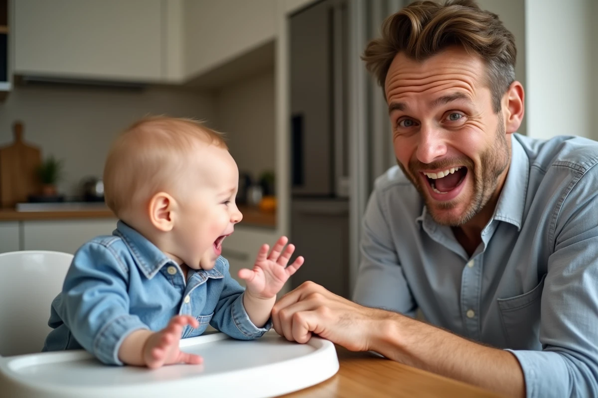 Père jouant au coucou avec son bébé de 8 mois installé dans une chaise haute, les deux personnages exprimant une joie communicative