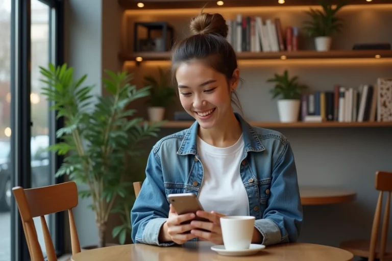 Jeune femme souriante avec smartphone dans un café