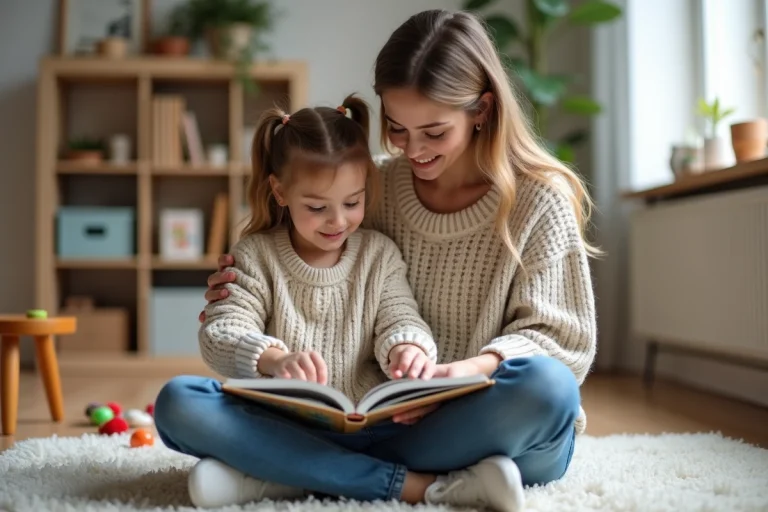 Maman et fille lisant un livre dans le salon chaleureux