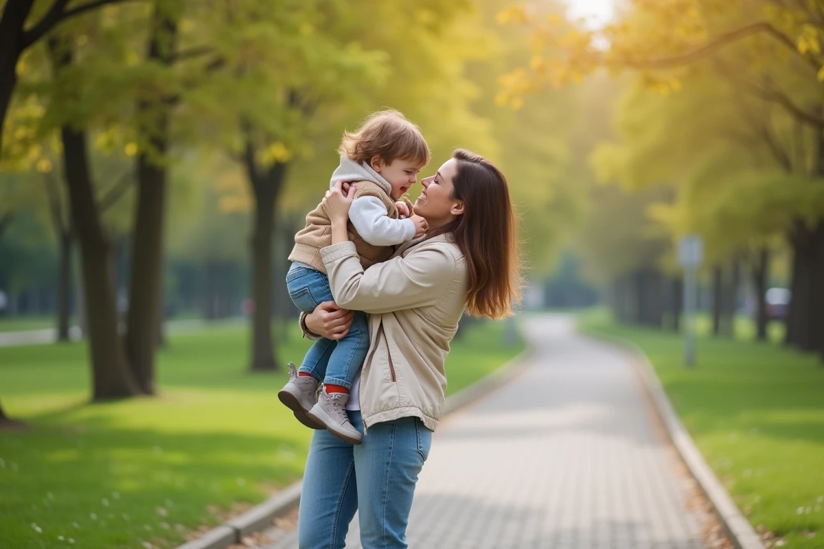 Maman joue avec son enfant dans un parc urbain ensoleille