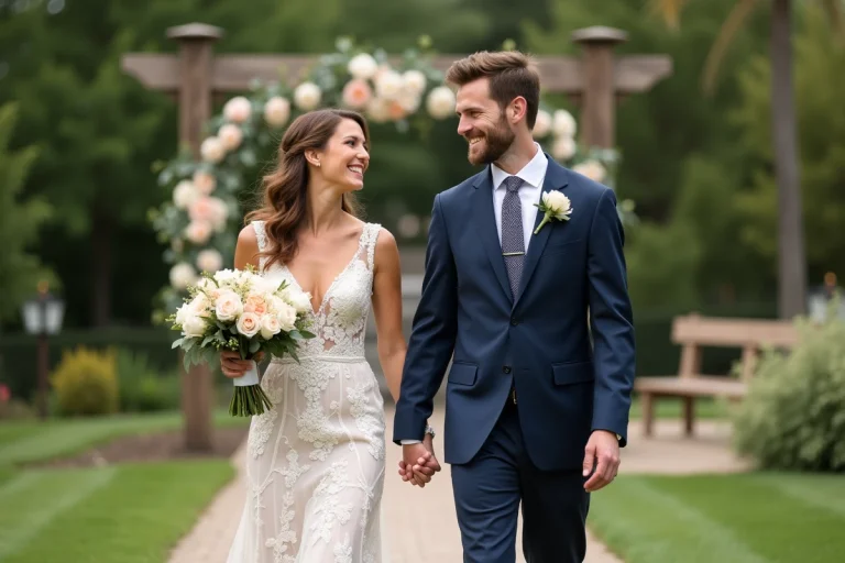 Jeune couple de mariés dans un jardin lors de leur mariage