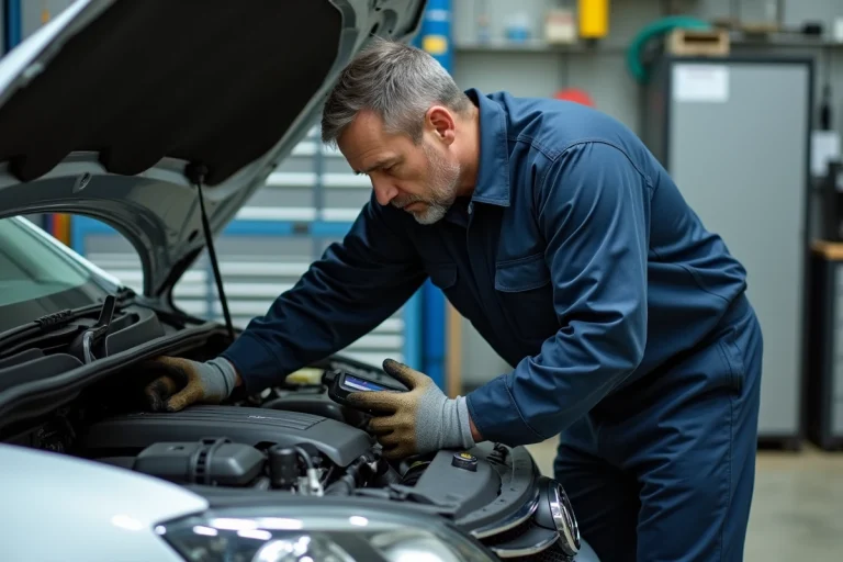 Mécanicien professionnel inspectant le moteur d'une voiture dans un garage automobile équipé