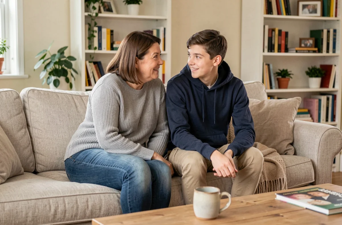 Mère et fils adolescent en conversation complice sur un canapé dans un salon familial confortable