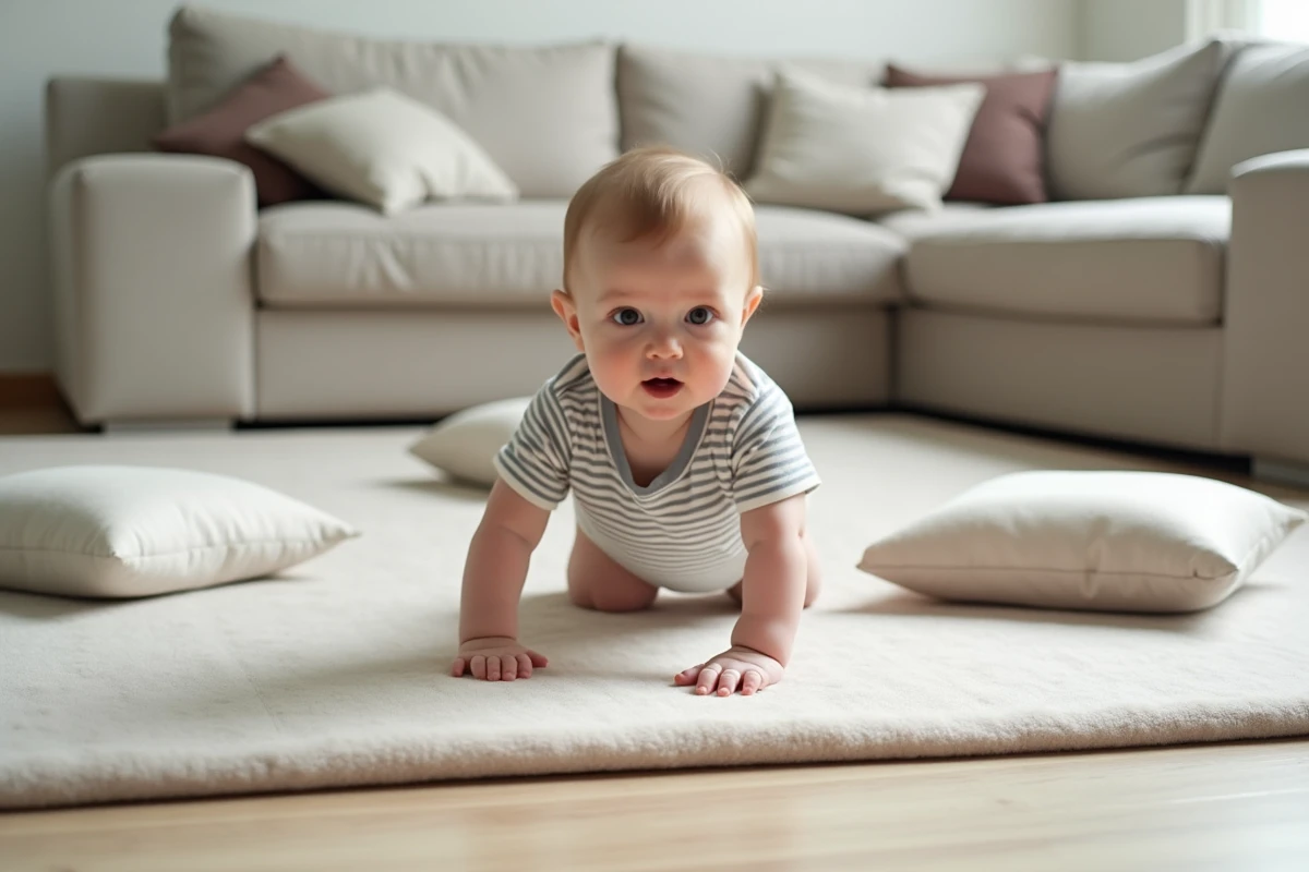 Bébé de 8 mois rampant sur un parcours moteur composé de coussins de différentes hauteurs disposés sur un tapis de jeu