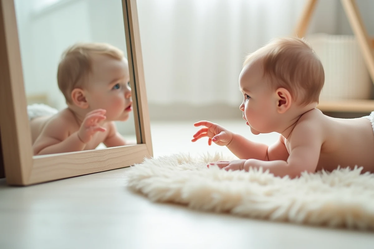 Bébé de 8 mois à plat ventre sur un tapis regardant son reflet dans un miroir posé au sol contre un mur, main tendue vers le verre