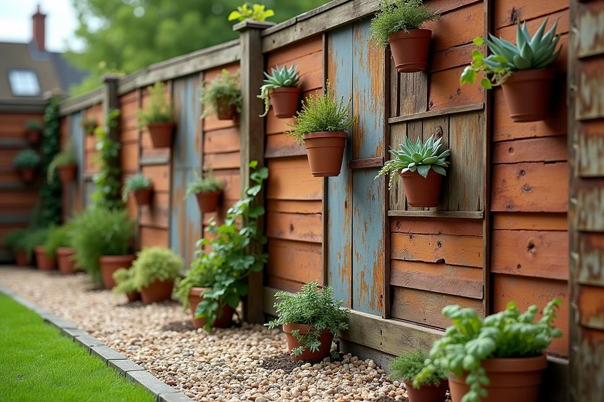 Mur de jardin en matériaux de récupération mêlant palettes en bois, tuiles anciennes et tôle ondulée avec plantes grimpantes