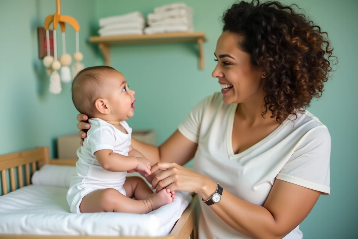 Mère racontant une histoire à voix haute à son bébé de 8 mois lors du change, avec un contact visuel expressif dans une chambre de bébé douce