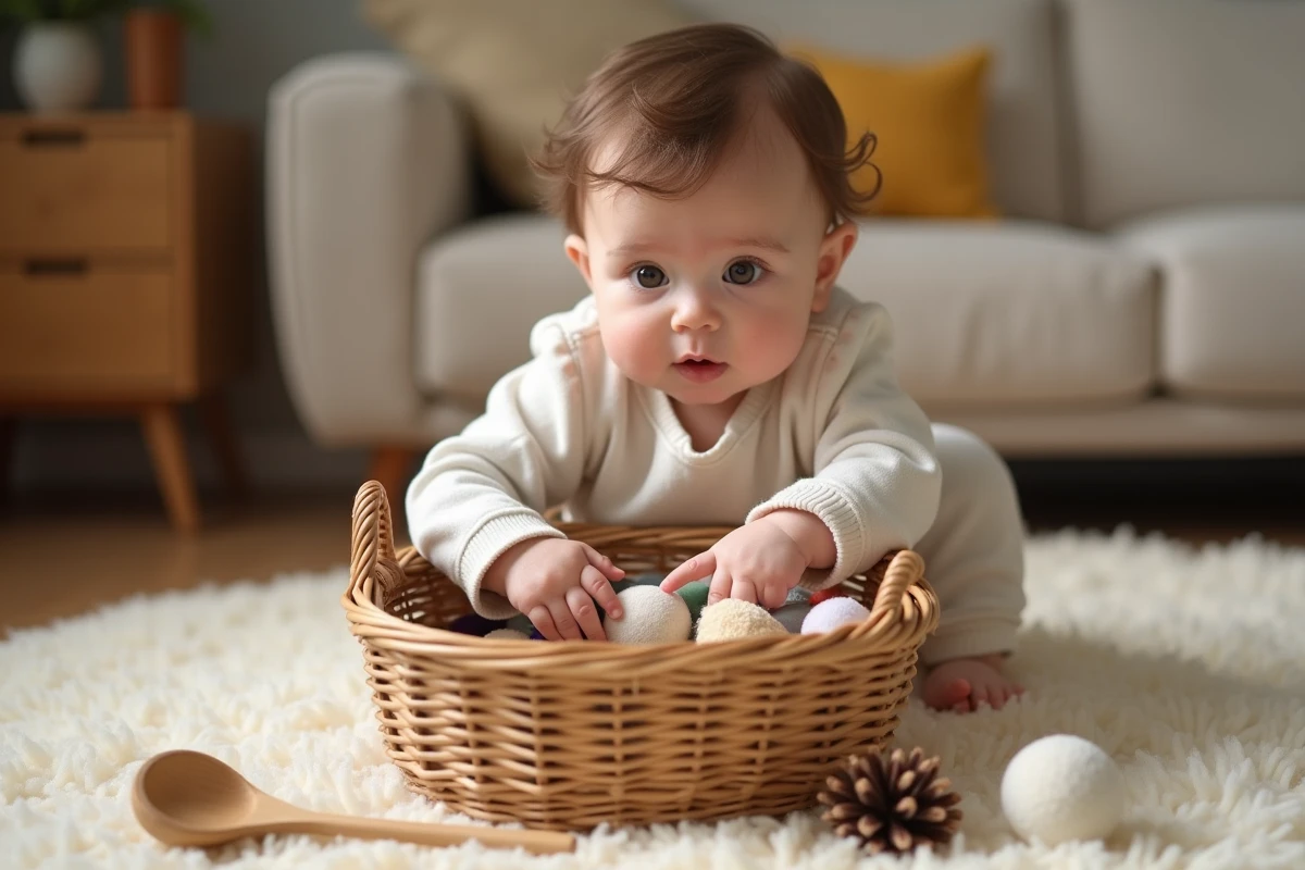 Bébé de 8 mois explorant un panier à trésors rempli d'objets aux textures variées comme une cuillère en bois, une pierre lisse et du velours