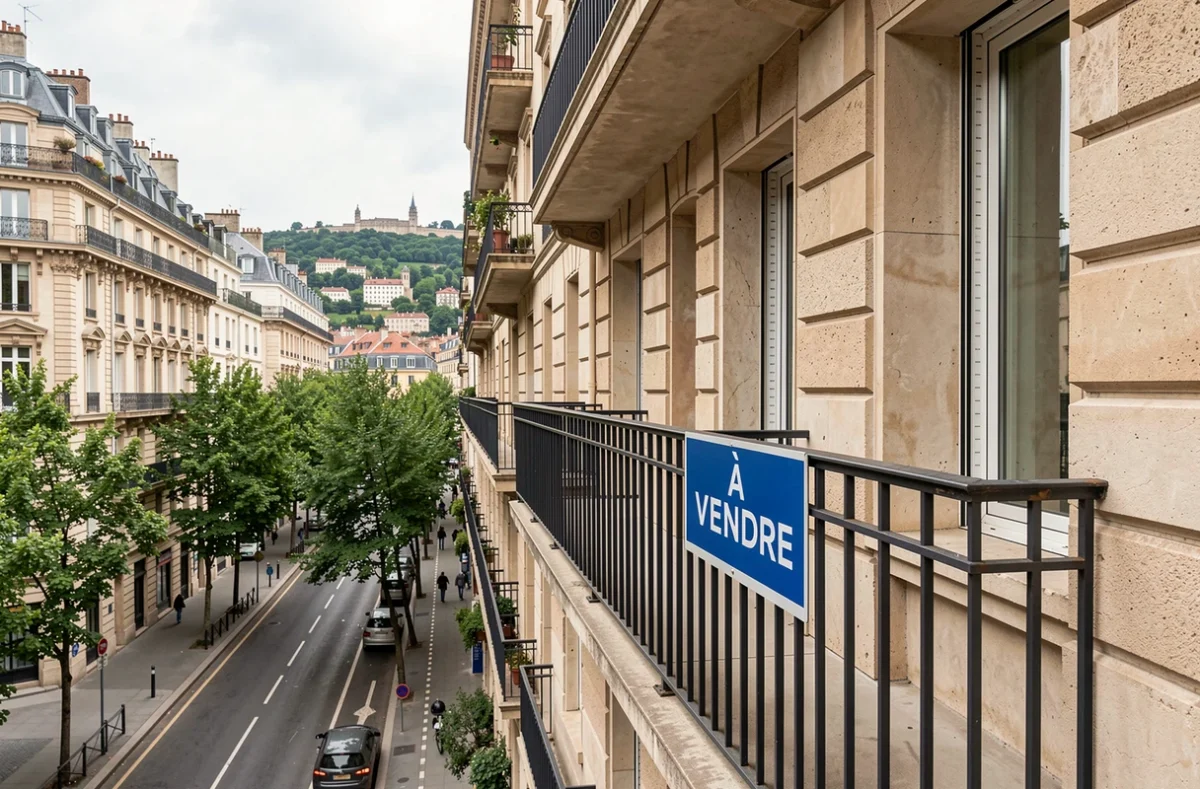 Panneau à vendre sur un balcon d'appartement haussmannien dans le 6e arrondissement de Lyon avec vue sur Fourvière
