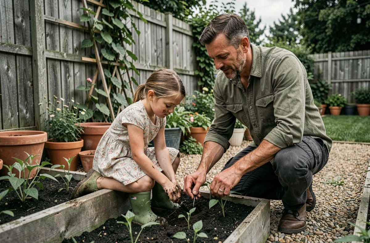 Père et fillette jardinant ensemble dans un jardin familial avec des bacs en bois et des plantes en pot