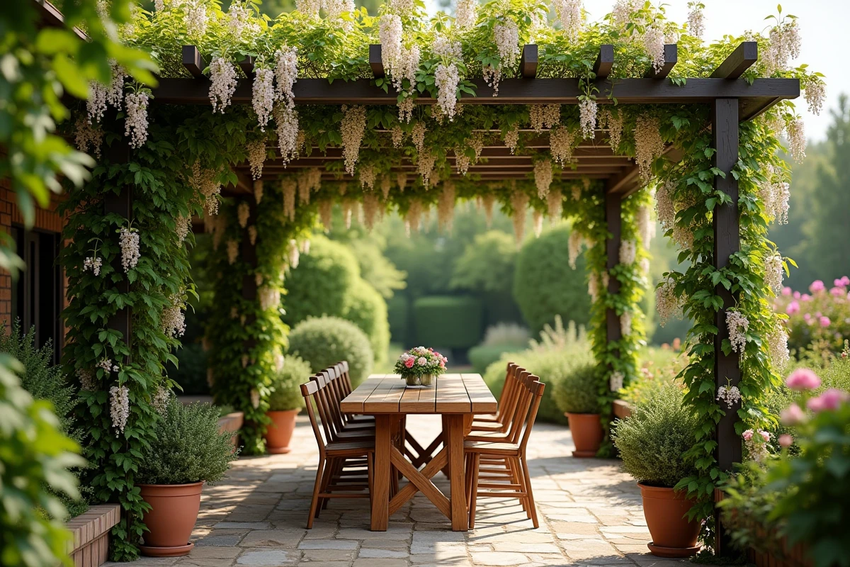 Pergola végétalisée recouverte de glycine et de roses grimpantes offrant de l'ombre sur une table de jardin en bois