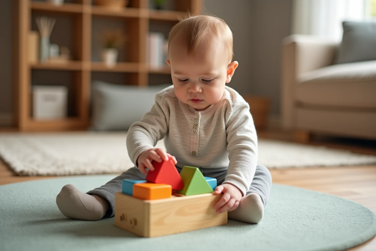 Bébé de 8 mois assis sur un tapis tenant un bloc en bois coloré et cherchant à l'insérer dans la fente correspondante d'une boîte à formes simple