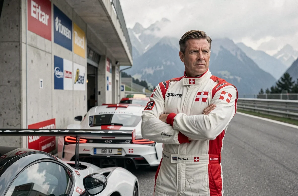 Pilote de course suisse en combinaison de sport automobile devant une voiture GT sur un circuit alpin