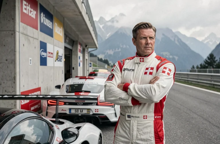 Pilote de course suisse en combinaison de sport automobile devant une voiture GT sur un circuit alpin