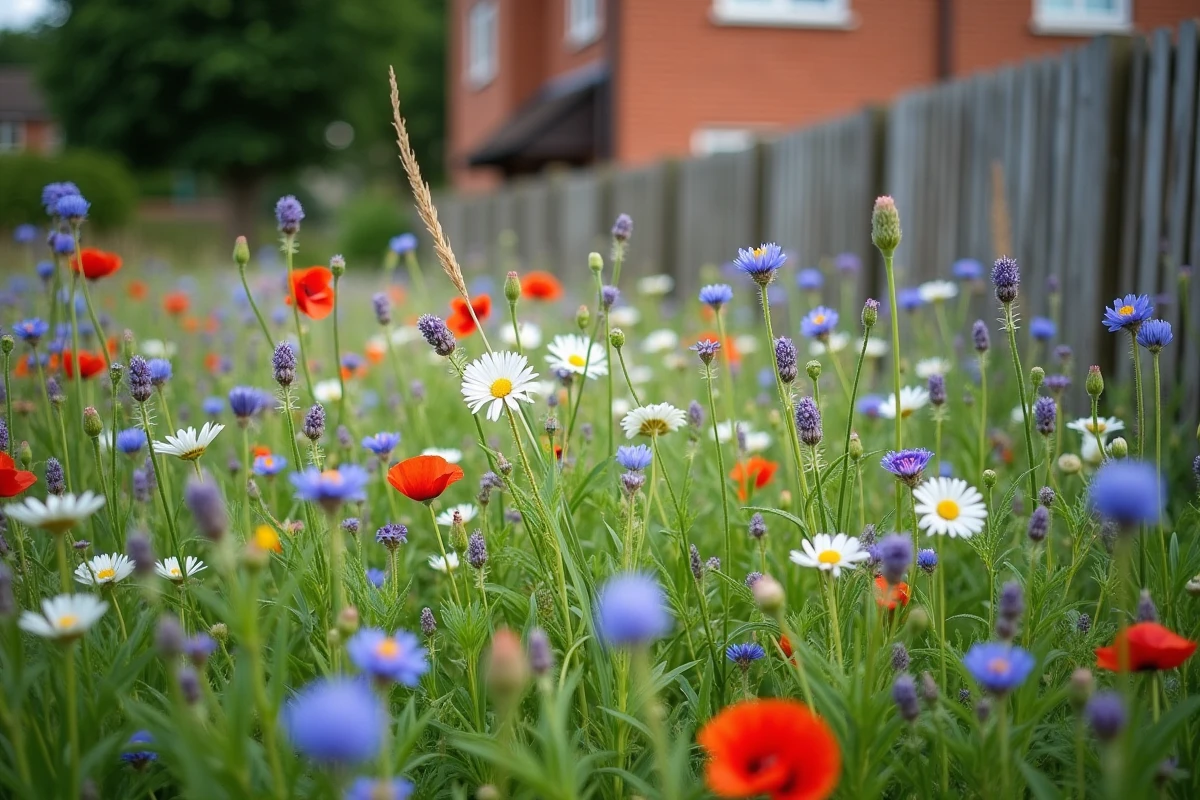 Prairie fleurie sauvage avec coquelicots, bleuets et lavande remplaçant une pelouse classique dans un jardin résidentiel