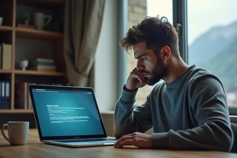 Homme frustré face à un problème de connexion webmail sur son ordinateur portable dans un bureau à domicile à Grenoble