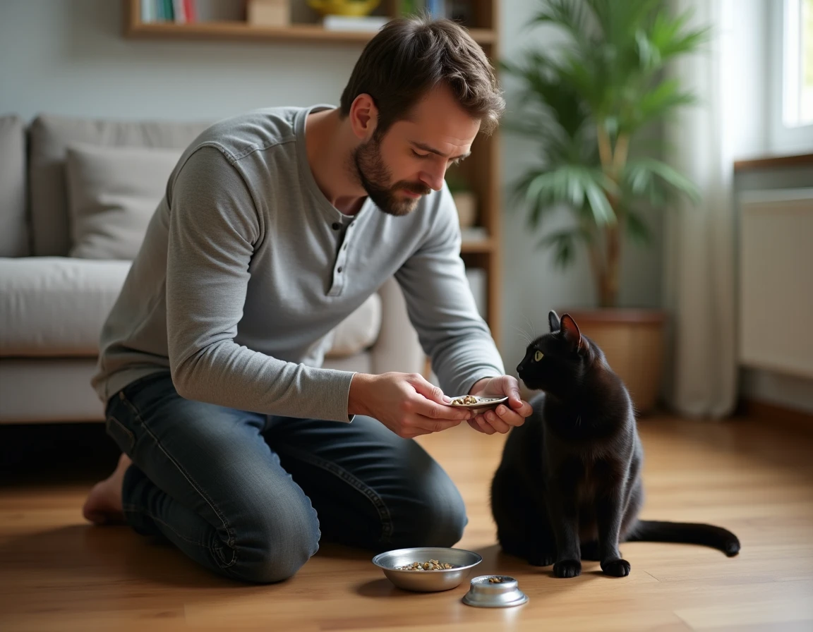 Propriétaire masculin lisant l'étiquette d'une pochette de nourriture Sheba pour chat dans un salon moderne