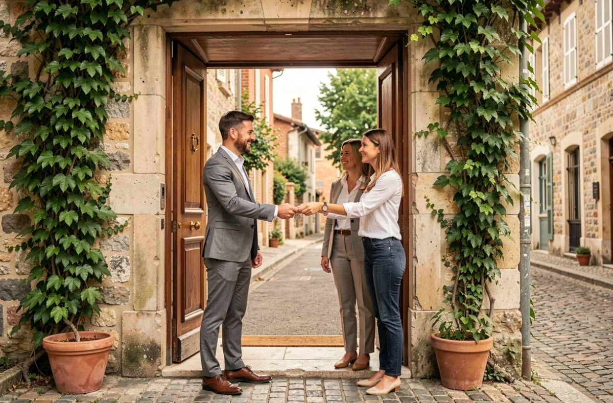 Agents immobiliers remettant les clés d'un bien à un couple à Toulouse