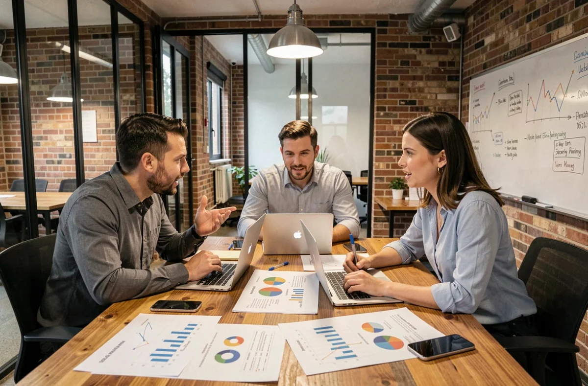 Équipe de professionnels en réunion stratégique autour d'une table avec graphiques et données d'entreprise