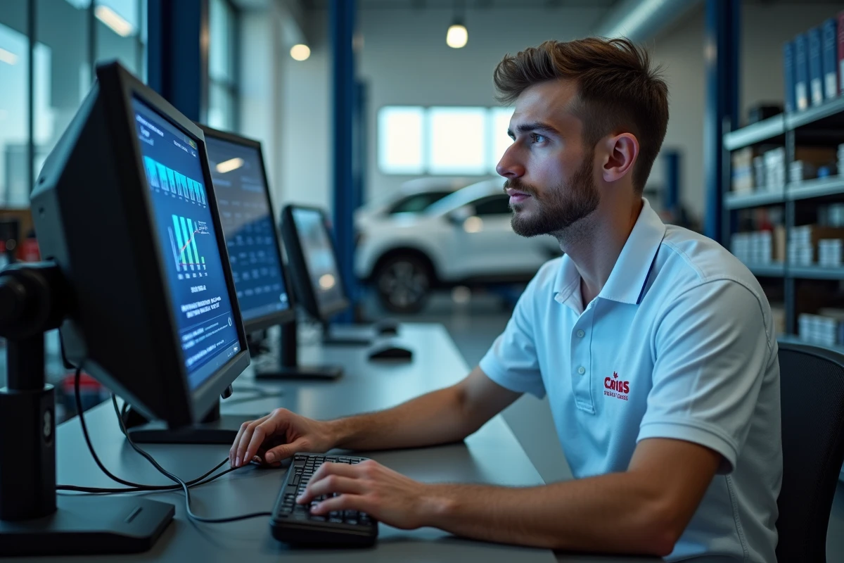 Technicien automobile analysant les données de diagnostic d'un véhicule sur ordinateur dans un atelier moderne