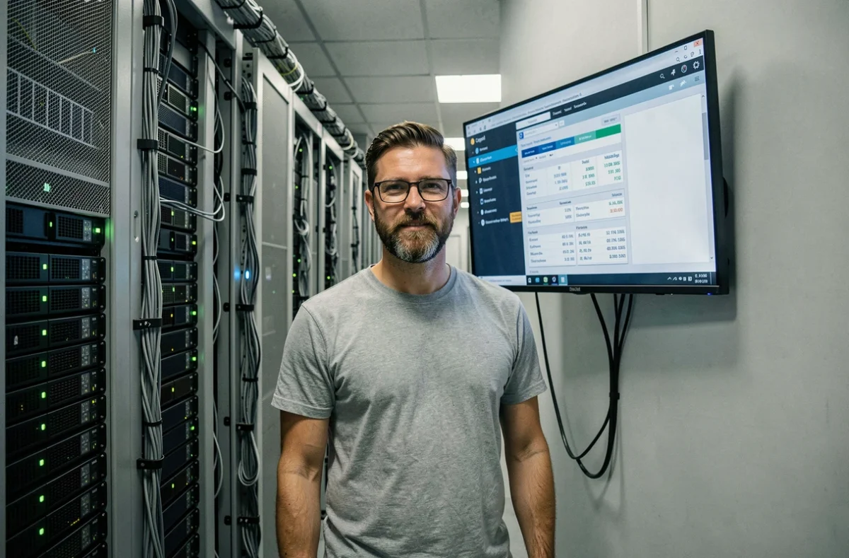 Technicien IT devant des serveurs d'hébergement web dans une salle de datacenter professionnelle